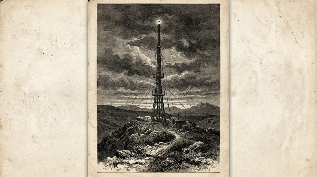 Wood engraving of a tall guyed radio antenna mast on a remote hilltop under low cloud with a single beacon lamp