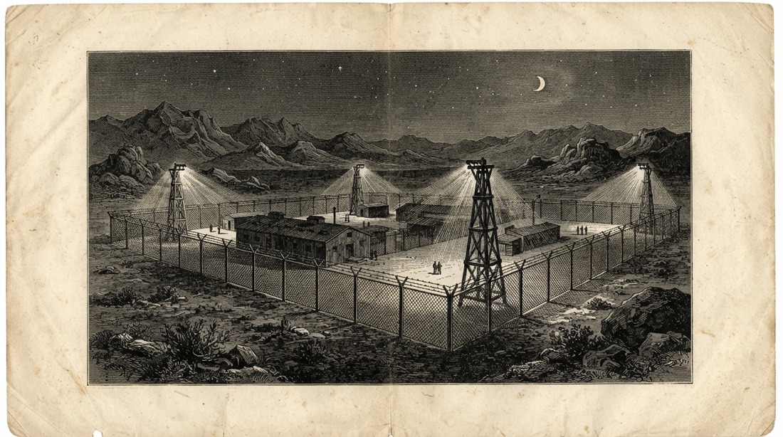 Wood engraving of a remote fenced desert compound at night with low windowless buildings and floodlight masts