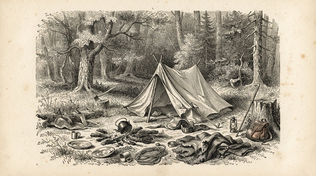 Wood engraving of an abandoned campsite with a collapsed tent and scattered gear in a clearing