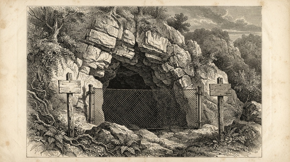 Wood engraving of a dark cave opening in a limestone bluff barred by a chain-link barrier and warning posts