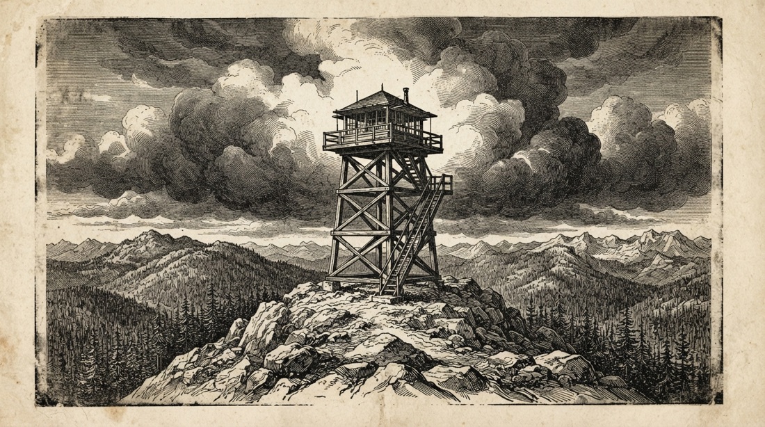 Wood engraving of a wooden forest fire lookout tower on a bare summit with storm clouds behind it