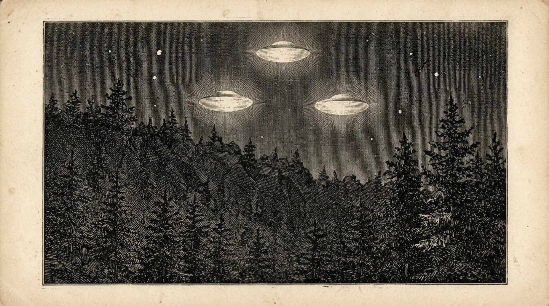 Wood engraving of three bright disc-shaped lights hanging in formation above a forested ridgeline at night