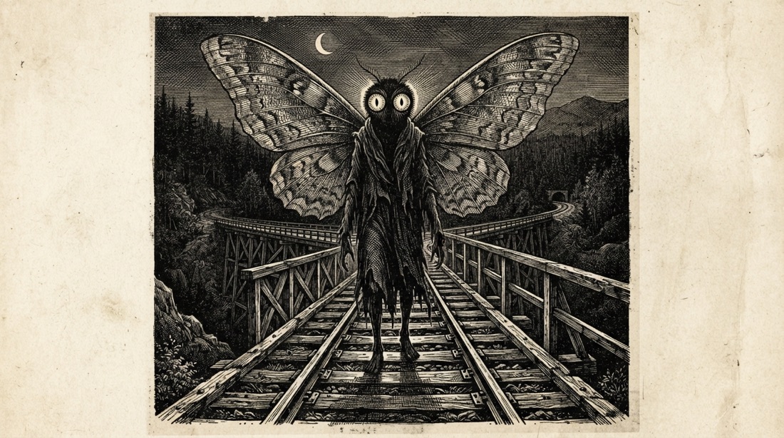 Wood engraving of a tall winged humanoid with enormous round eyes standing on a railway bridge at night