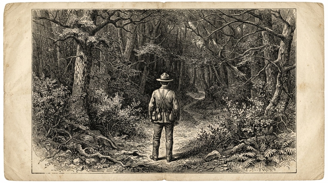 Wood engraving of a park ranger in a flat-brimmed hat standing at a trailhead, back turned, looking into deep woods