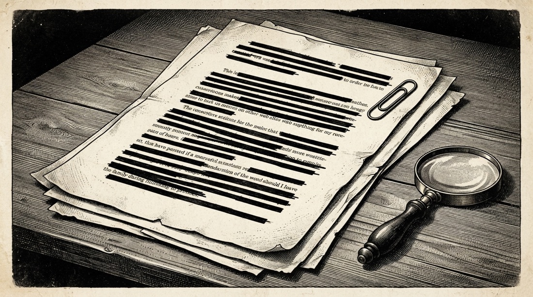 Wood engraving of a stack of typed documents with heavy black censor bars struck through most of the lines